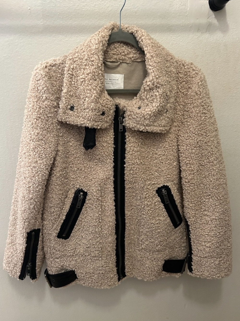 ZARA Shearling Faux Fur Teddy Aviator Moto Jacket Coat High Collar LIKE NEW - Picture 14 of 16